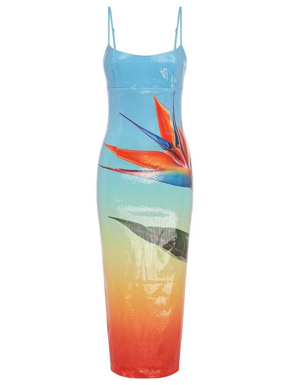 Sequin Ombre Slip Midi Dress with Tropical Print - Blue to Coral
